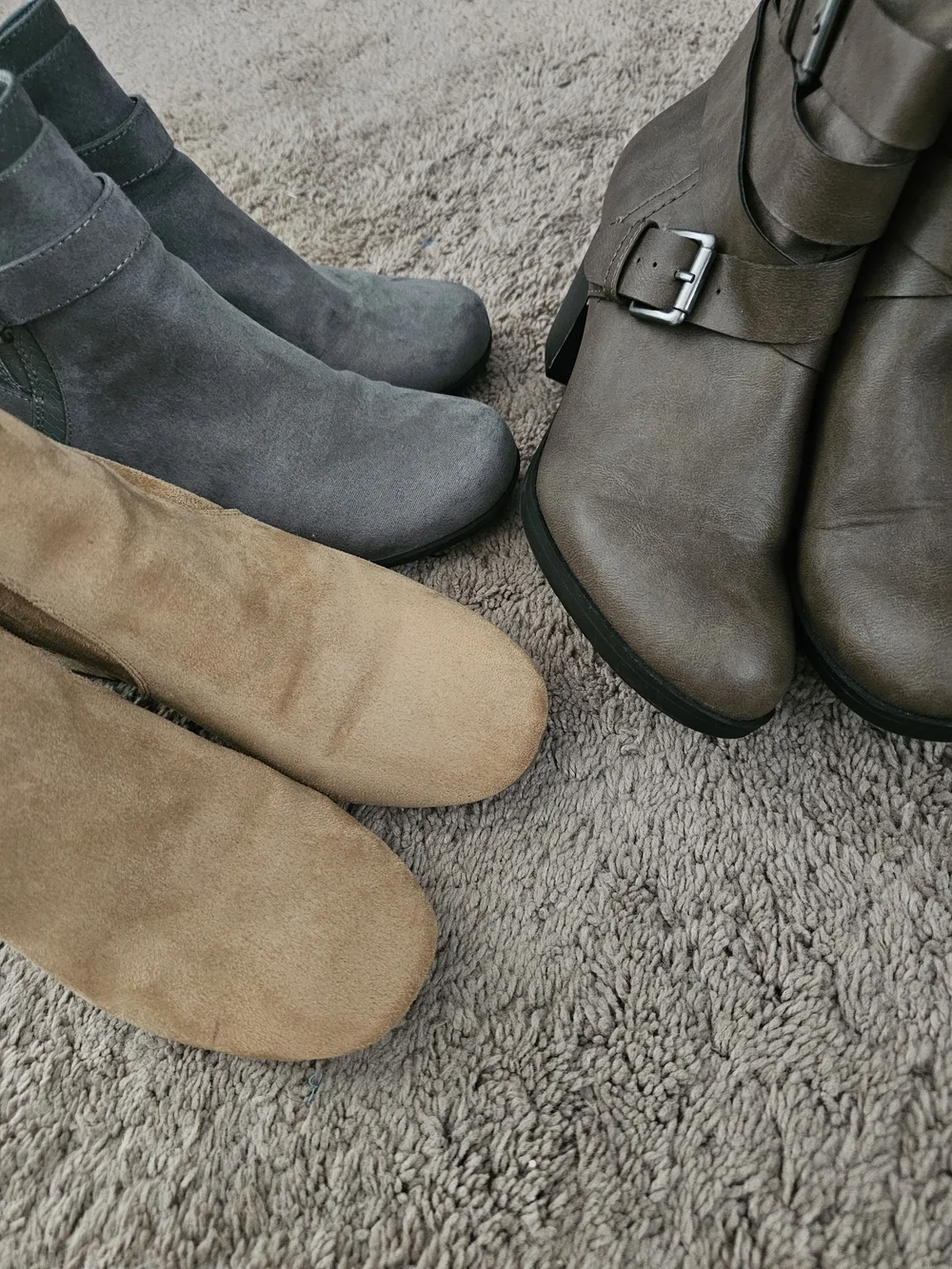 Women's Grey, Tan And Brown Suede Ankle Boots W/ Buckle Detail.